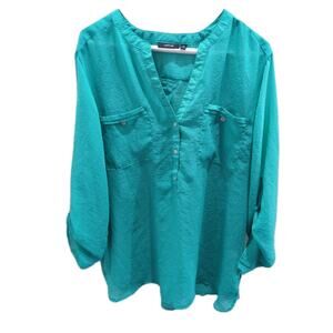 Apt. 9 Women's XL Teal Sheer Shirt Top Tunic Blouse Button Vneck EUC Work